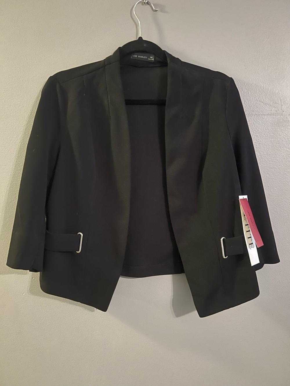 Scarlett Black Open-Front Collarless Blazer with Buckle Accents